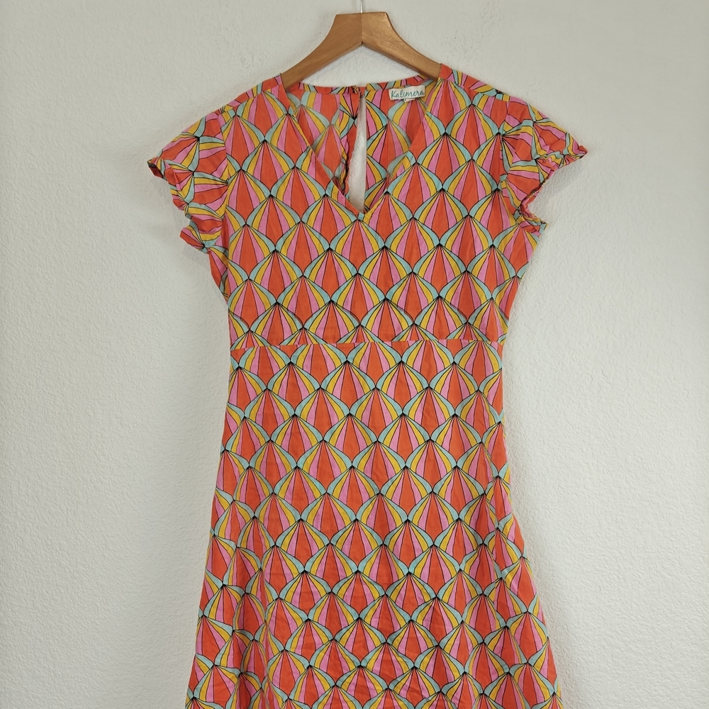 Kalimera Scalloped Geometric Cotton V-Neck Open Back Dress S/M Chic Summer Midi - Picture 4 of 16